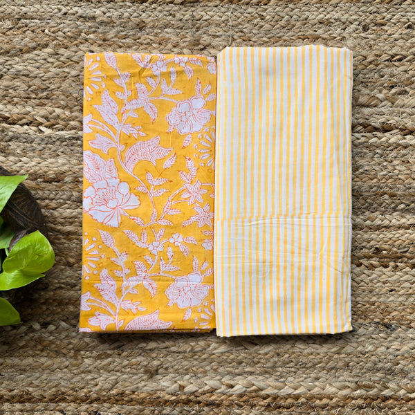 Top Bottom Combo Pure Cotton Jaipuri Yellow And White Flower Jaal Top Fabric And Yellow Stripes  Bottom Fabric (2.5 Meters Each)