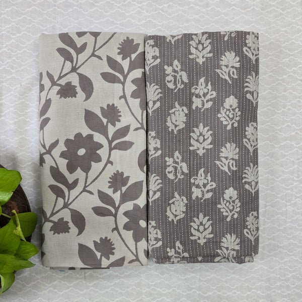 Top Bottom Combo Pure Cotton Kashish Grey And White Flower Creeper Top And Grey And White Flower Motif Bottom Fabric (2.5 Meters Each)