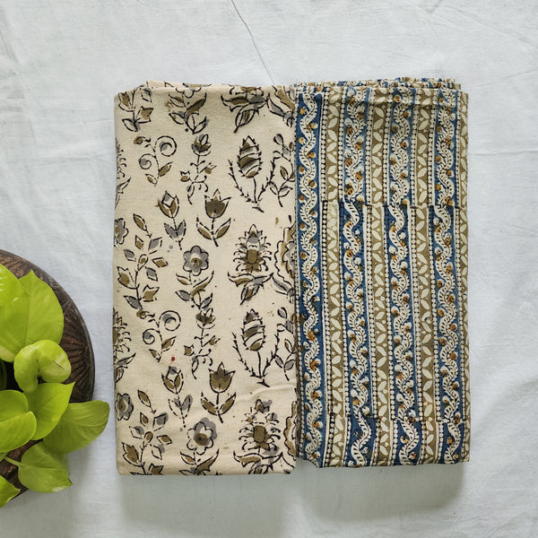 Top Bottom Combo Pure Cotton Kalamkari Cream With Green Flower Design Top Fabric And Modal Cotton Kalamkari Intricate Design Bottom Fabric (2.5 Meters Each)