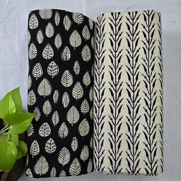Top Bottom Combo Pure Cotton Leaf Motif With Pure Cotton Creeper Stripes Border Bagru Fabric (2.5 Meters Each)