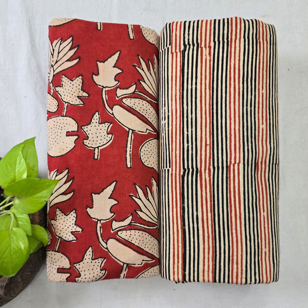 Top Bottom Combo Pure Cotton Lotus Lake With Pure Cotton Stripes Border Bagru Fabric (2.5 Meters Each)