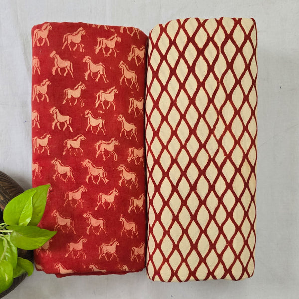 Top Bottom Combo Pure Cotton Madder Horse With Pure Cotton Simple Geometric Bagru Fabric (2.5 Meters Each)