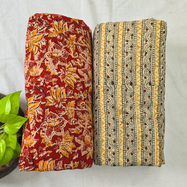 Top Bottom Combo Pure Cotton Madder Kalamkari Floral Fabric With Kalamkari Stripes Bottom Fabric (2.5 Meters Each)