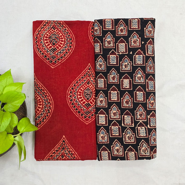 Top Bottom Combo Pure Cotton Rust Red With Blue Big Leaves Motif Fabric With Black Small Window  Bottom Fabric (2.5 Meters Each)