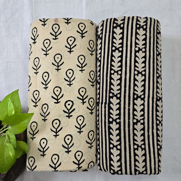 Top Bottom Combo Pure Cotton Simple Motif Cream With Pure Cotton Border Bagru Fabric (2.5 Meters Each)