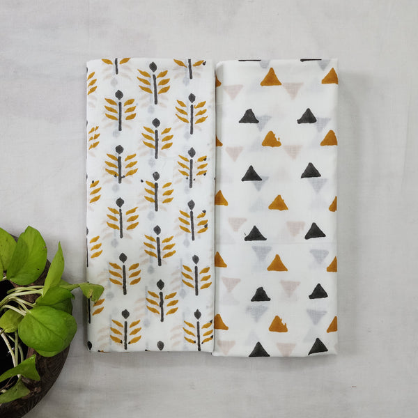 Top Bottom Combo Pure Cotton White With Yellow Flower Motif Top Fabric And White With Grey And Yellow Triangle Bottom Fabric Fabric (2.5 Meters Each)