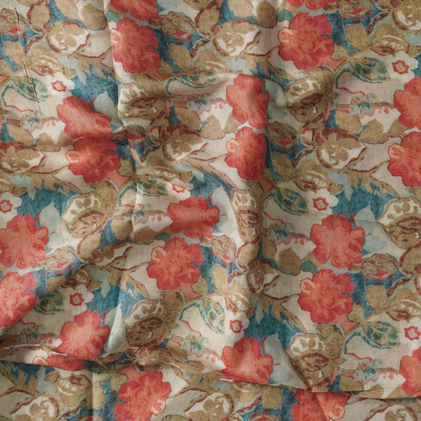 Tossar Digital Print  Off White With Peach And Blue Flower Jaal Hand Woven Fabric