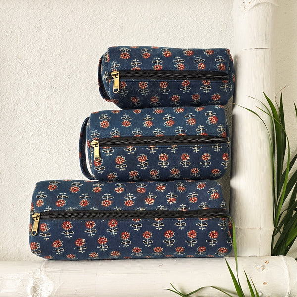 Travel Utility Multipurpose Pouches Pack Of 3 Ajrak Blue With Small Flower