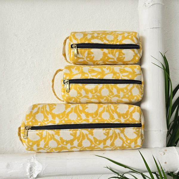 Travel Utility Multipurpose Pouches Pack Of 3 Jaipuri Yellow With White Flower Jaal