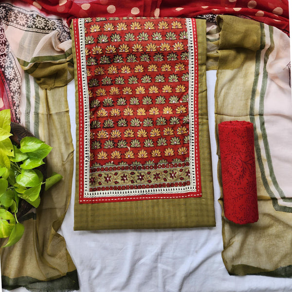 URVI - Pure Cotton Handloom Top Fabric With Big Patch Yoke Plain Pure Cotton Bottom And Chiffon Printed Dupatta