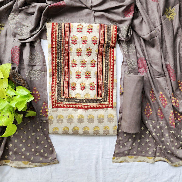 VAIDEHI - Pure Cotton Vanaspati Top Fabric With Beautifully Adorned Yoke Plain Brown Bottom And A Pure Cotton Printed Dupatta Brown