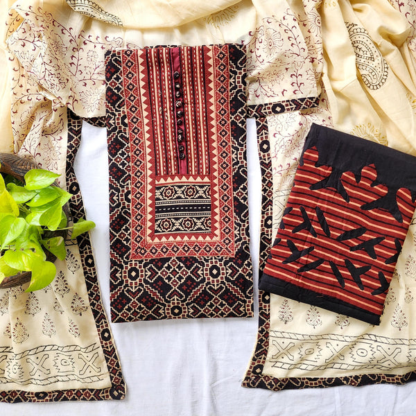 YUGA - Pure Cotton Ajrak Top Fabric With Embellished Yoke With Pure Cotton Black Bottom With Ajrak Applique And Printed Dupatta Black