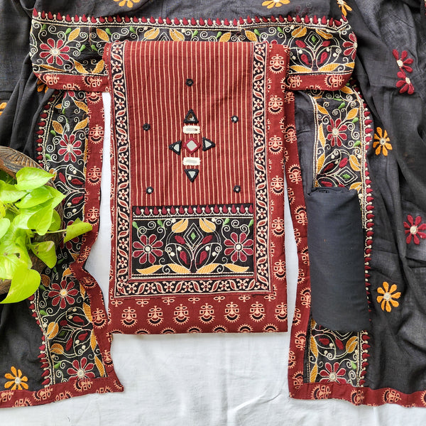 YUGA - Pure Cotton Ajrak Top Fabric With Embroidered Patch Yoke Plain Bottom And Embroidered Dupatta