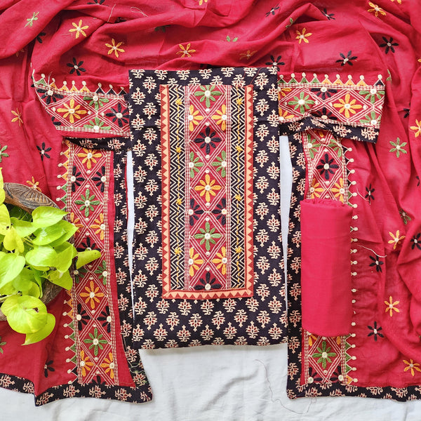 YUGA - Pure Cotton Ajrak Top Fabric With Embroidered Patch Yoke Plain Bottom And Embroidered Maroon Dupatta