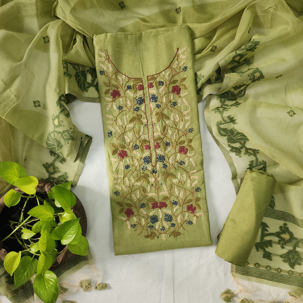 ZARA-Linen Cotton Light Green With Hand Emboriderey Yoke Top And Rayon Light Green Bottom And Jamdhani Light Green Dupatta