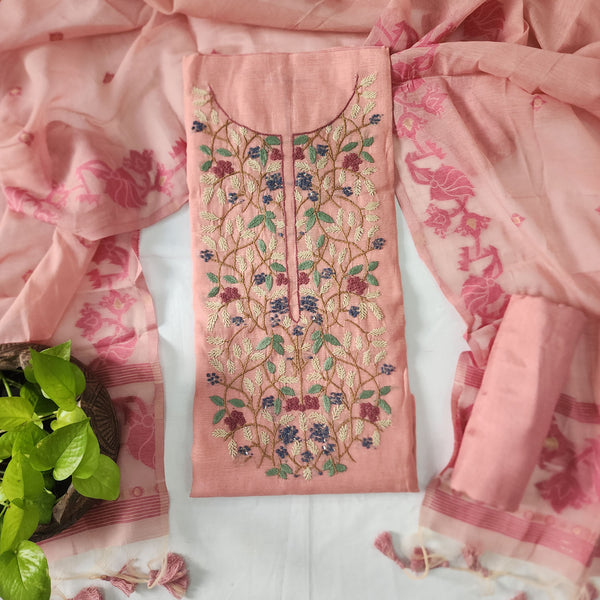 ZARA-Linen Cotton Light Pink With Hand Emboriderey Yoke Top And Rayon Light Pink Bottom And Jambani Light Pink Dupatta