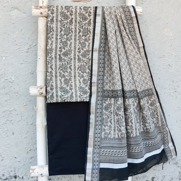 ZEENAT-Linen Cotton Off White With Black Intricate Design Top And Black Cotton Plain Bottom Linen Cotton Dupatta