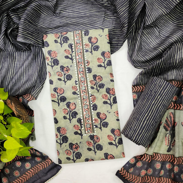 ZOYA-Cotton Grey With Light Pink Flower And Neck Aari Work Top And Navy Blue With Grey Stripes Bottom And Organza Dupatta Unstitched Suit