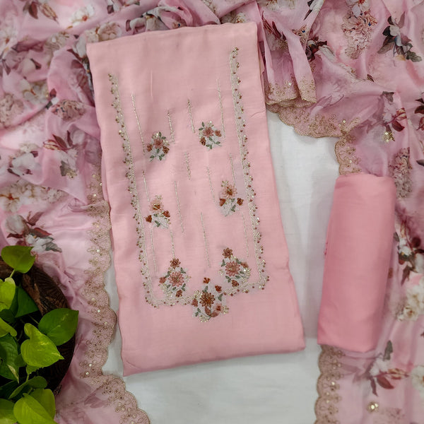 ZOYA-Muslin Pink With Neck  Aari Work Emboriderey Design Top And Rayon Plain Bottom And Muslin Dupatta Unstitched Sui