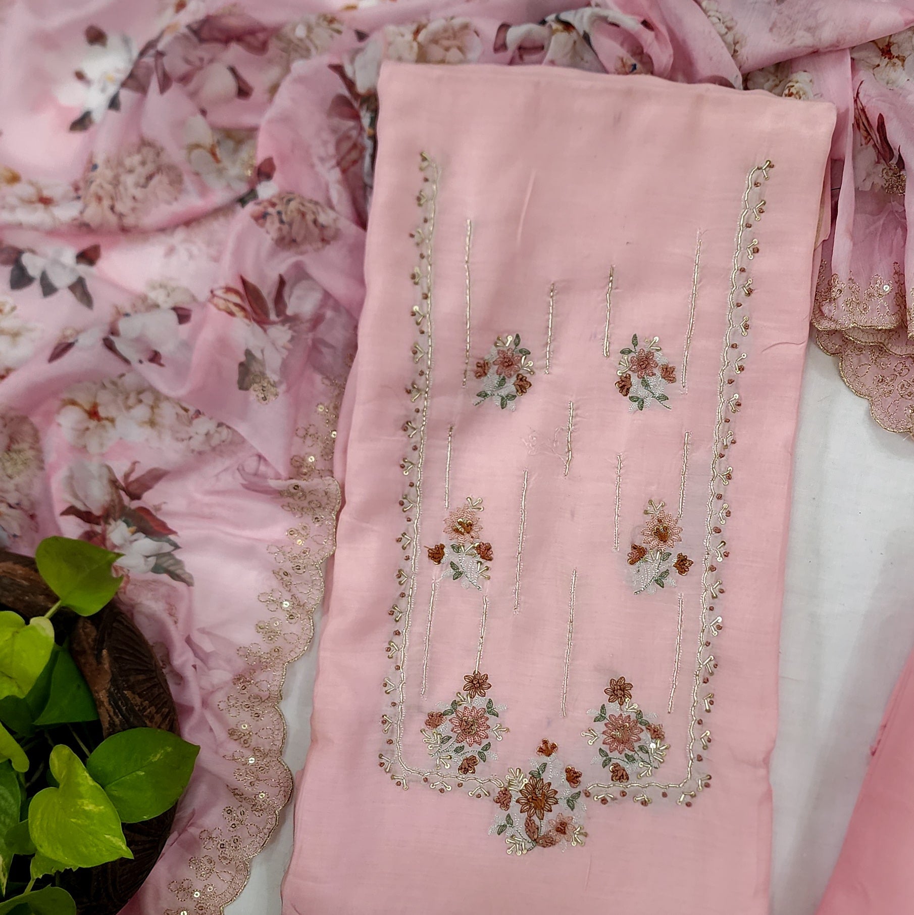 ZOYA-Muslin Pink With Neck Aari Work Emboriderey Design Top And Rayon Plain  Bottom And Muslin Dupatta Unstitched Sui