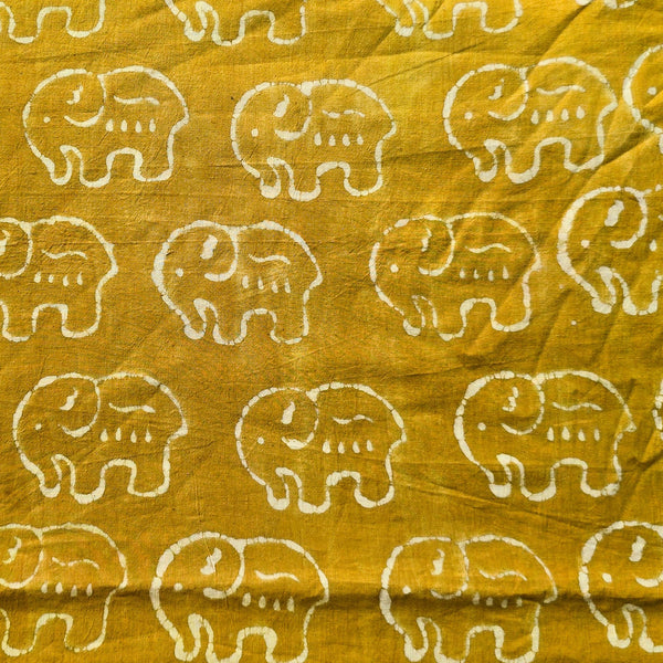 Pure Cotton Dabu Mustard With Cream Big Elephant Motif Hand Block Print Fabric