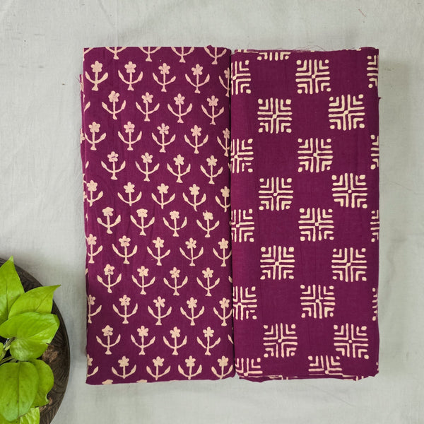 Top Bottom Combo Pure Cotton Gamthi Purple With Cream Tiny Flower Fabric And Purple Cream Checks Design Bottom Fabric (2.5 Meters Each)