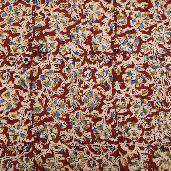 Pure Cotton Kalamkari Rust With Mustard Blue Floral Jaal Hand Block Print Fabric