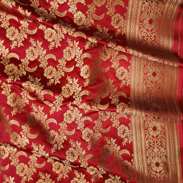 Banarasi Brocade Red With Gold Zari Floral Jaal With Beautiful Border Woven Fabric