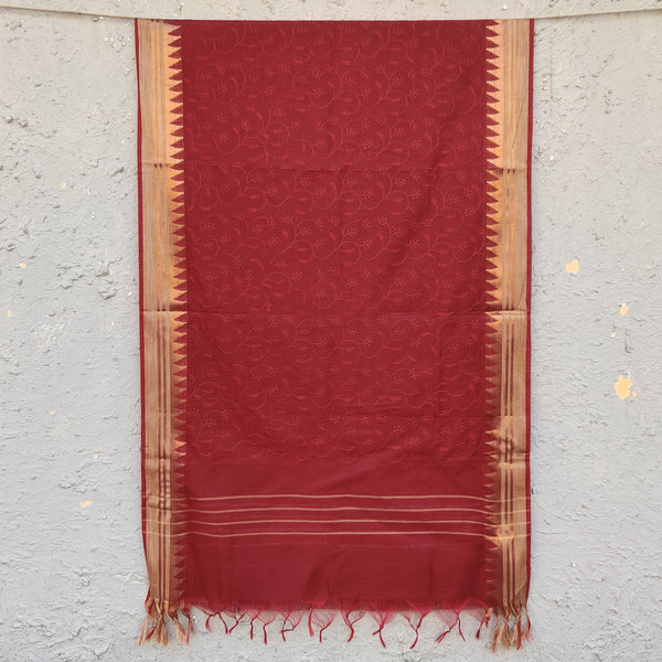 AAHANA - Self Embroidered Temple Border Dupatta Maroon