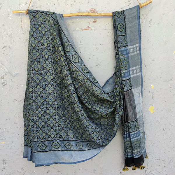 AFREEN - Linen Ajrak Hand Block Printed Saree  Blue Green