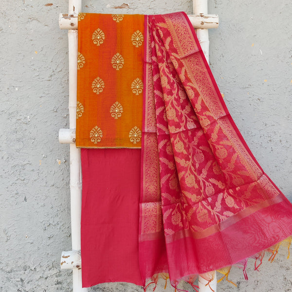 AKRITI - Cotton Silk Top With Embroidered Motifs Plain Cotton Silk Bottom And A Banarasi Dupatta Orange Pink