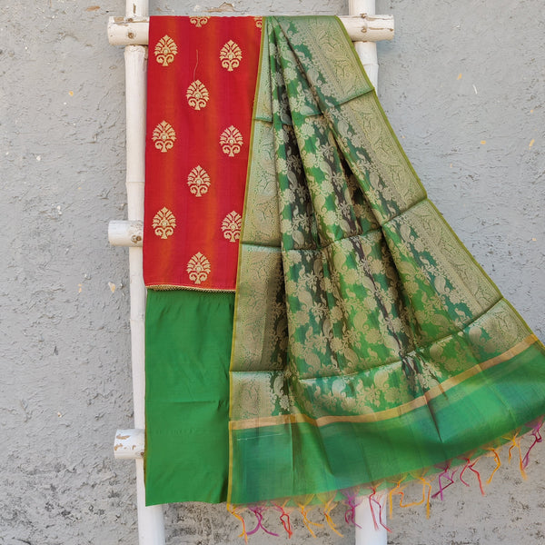 AKRITI - Cotton Silk Top With Embroidered Motifs Plain Cotton Silk Bottom And A Banarasi Dupatta Orange Pink Green