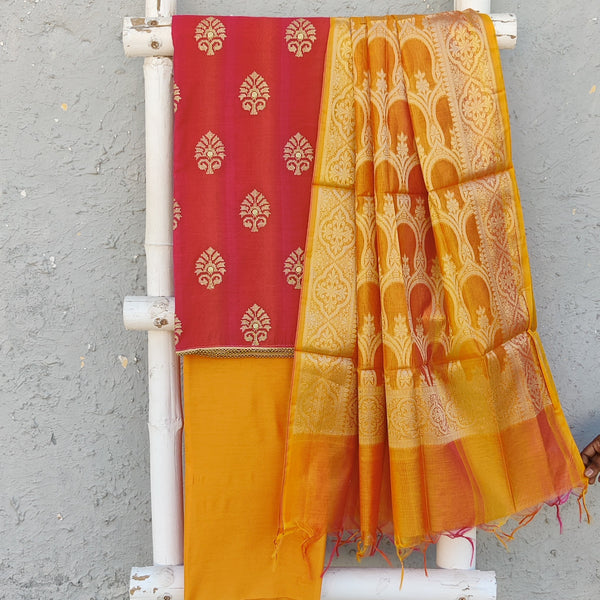 AKRITI - Cotton Silk Top With Embroidered Motifs Plain Cotton Silk Bottom And A Banarasi Dupatta Pink Mustard