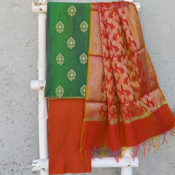 AKRITI - Cotton Silk Top With Embroidered Motifs Plain Orange Cotton Silk Bottom And A Banarasi Dupatta