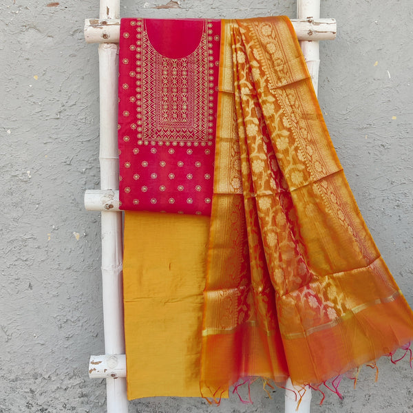 AKRITI - Cotton Silk Top With Embroidered Yoke Plain Cotton Silk Bottom And A Banarasi Dupatta Orange Pink