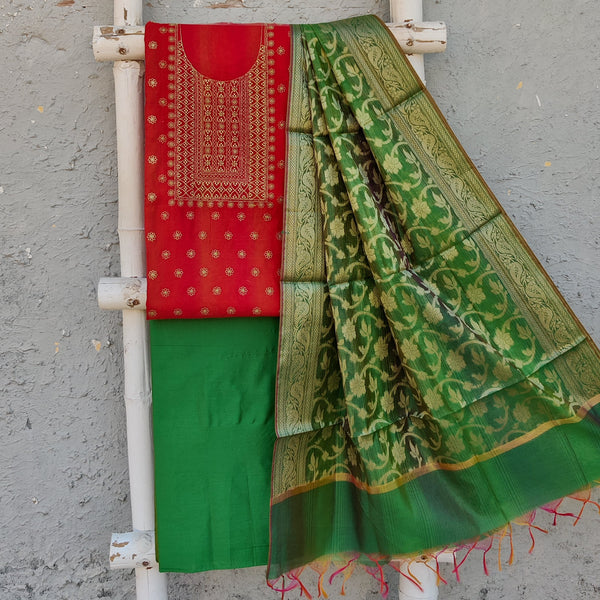 AKRITI - Cotton Silk Top With Embroidered Yoke Plain Cotton Silk Bottom And A Banarasi Dupatta Pinkish Orange Green