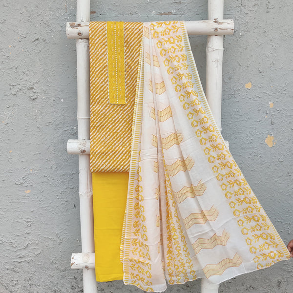 AKRUTI - Pure Cotton Yellow Laheriya Screen Printed Top With Plain Bottom And A Printed Cotton Dupatta