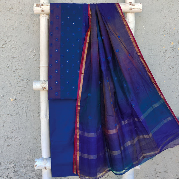 ALBELI - Cotton Silk Shaded Blue Purple Embroidered Top With Plain Cotton Silk Bottom And A Small Border Maheshwari Embroidered Dupatta