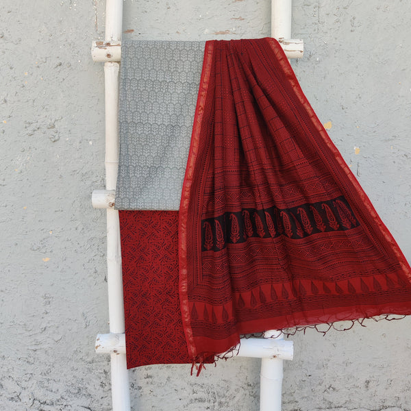 AMANYA - Pure South Cotton Printed Grey Top Fabric With Pure Cotton Maroon Printed Bottom And A Chanderi Bagh Dupatta