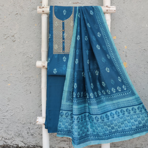 ANAGHA - Blue Digitally Printed Cotton Silk With Yoke Zari Embroidery Plain Rayon Bottom And Digitally Printed Dupatta