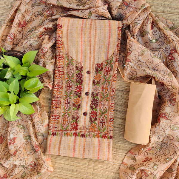 ANAMIKA - Cotton Silk Digital Print Top Fabric With Kaatha Work A Monochromic Bottom And A Digitally Printed Dupatta Light Brown