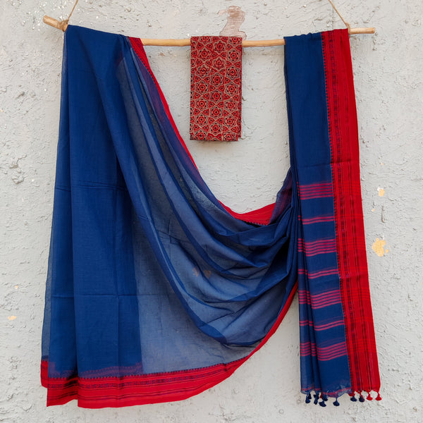 ANTARA-Pure Cotton Bengal Handwoven Soft Saree With A Complementary Contrast Blouse Blue Saree