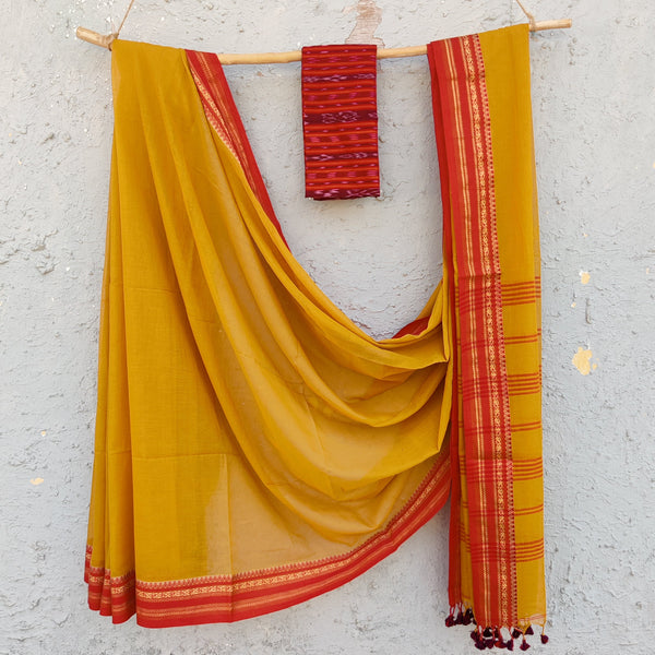 ANTARA-Pure Cotton Bengal Handwoven Soft Saree With A Complementary Contrast Blouse Mustard Saree