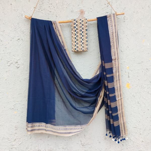 ANTARA-Pure Cotton Bengal Handwoven Soft Saree With A Complementary Contrast Blouse Navy Blue Saree