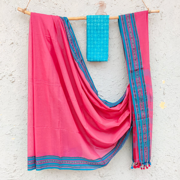 ANTARA-Pure Cotton Bengal Handwoven Soft Saree With A Complementary Contrast Blouse Pink With Blue Saree