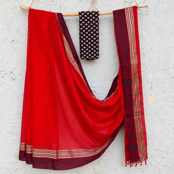 ANTARA-Pure Cotton Bengal Handwoven Soft Saree With A Complementary Contrast Blouse Red Saree