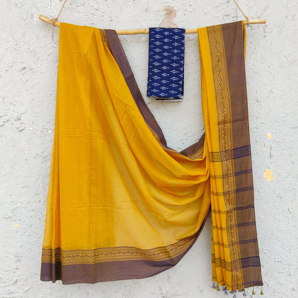 ANTARA-Pure Cotton Bengal Handwoven Soft Saree With A Complementary Contrast Blouse Yellow Saree