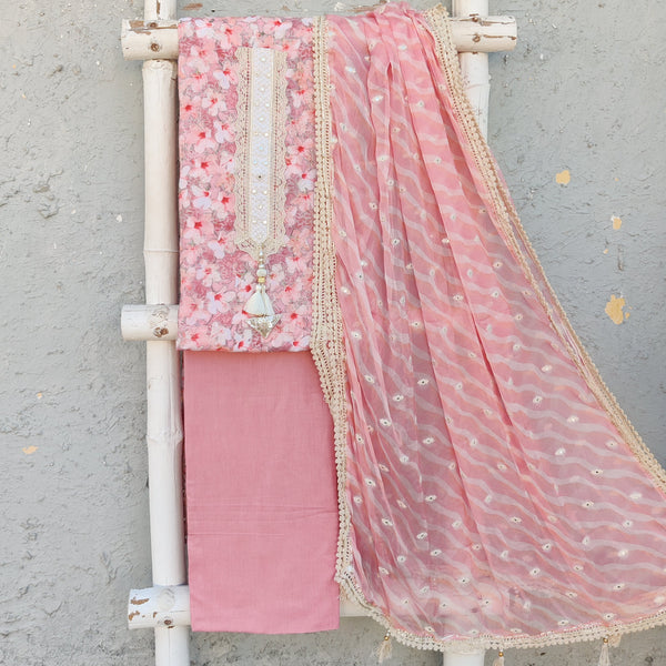 AVNI - Pure Cotton Hakoba Printed Top With Plain Pure Cotton Bottom And A Chiffon Embellished Dupatta Peachy Pink