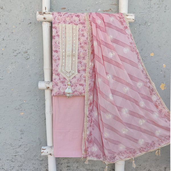 AVNI - Pure Cotton Hakoba Printed Top With Plain Pure Cotton Bottom And A Chiffon Embellished Dupatta Purplish Pink