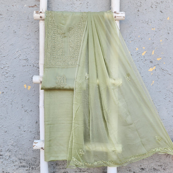 AYUSHI - Pastel Green Chinnon Lucknowi Yoke Embroiedered Top With Rayon Bottom With Chiffon Dupatta